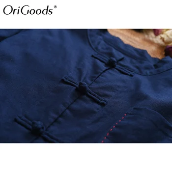 OriGoods Kinų stiliaus Marškinėliai Moterims Derliaus ilgomis rankovėmis Marškinėliai Palaidinė Kietas Juodas Originalus Marškinėliai Palaidinė Medvilnės ir Lino Viršūnes C256