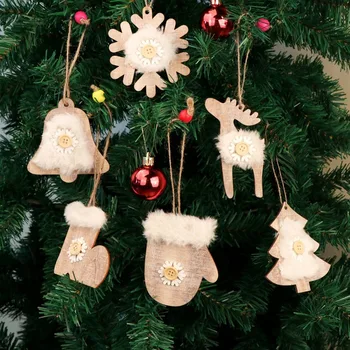 OurWarm 6Pcs Medinių Kalėdų Papuošalai Naujųjų Metų Dovana Dirbtiniais Kailiais Snaigės Bell Elnias Kabinti Ornamentu Kaimiškas Kalėdų Dekoracijos