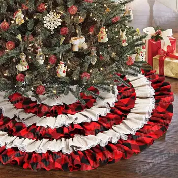 OurWarm Kalėdų Eglutė Sijonas Kalėdos Medžio Apdaila Susiėmę Apdaila-Stiliaus Medvilnės Kalėdų Eglutė Dekoras Raudona-Juoda Skara 48INCH
