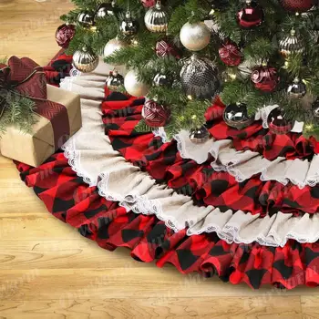 OurWarm Kalėdų Eglutė Sijonas Kalėdos Medžio Apdaila Susiėmę Apdaila-Stiliaus Medvilnės Kalėdų Eglutė Dekoras Raudona-Juoda Skara 48INCH