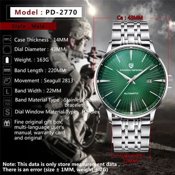 PAGANI kurti Naujų Žalia Vyrų Laikrodžiai Vandeniui Mechaninė Automatinė Laikrodžius Mens Plieno Odos Watchband Žiūrėti reloj hombre