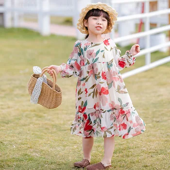 Pavasario 2020 M. Vaikams Ilgomis Rankovėmis Šifono Mergina Ilgai Ilgis Princesė Dress Bamblys Gėlių Spausdinti Mergina Kūdikių Suknelės, Drabužiai Vaikams