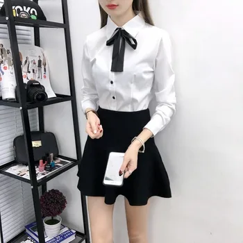 Pavasario Single-Breasted Moterų Marškinėliai Korėjos Slim Fit Long Sleeve Studentų Laisvalaikio Ponios Dugno Marškinėliai Office Palaidinės Baltos Viršūnės