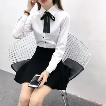Pavasario Single-Breasted Moterų Marškinėliai Korėjos Slim Fit Long Sleeve Studentų Laisvalaikio Ponios Dugno Marškinėliai Office Palaidinės Baltos Viršūnės