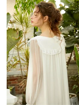 Pavasario Vasaros Derliaus Moterų Medvilnės Ilgai Sleepwear Royal Princess Prabanga Gazas Balta Nėrinių Ilgai Nightgowns Elegantiški naktiniai drabužiai