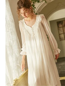 Pavasario Vasaros Derliaus Moterų Medvilnės Ilgai Sleepwear Royal Princess Prabanga Gazas Balta Nėrinių Ilgai Nightgowns Elegantiški naktiniai drabužiai