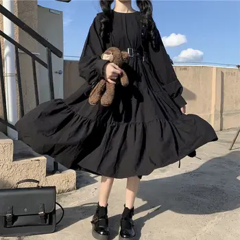 Pavasarį Ir Rudenį Japonijos ilgomis rankovėmis Juoda Suknelė Retro prancūzų Moteris Studentų korėjos Versija, Plisuotos-line Harajuku Gotikos