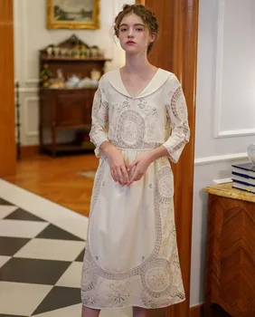 Pavasarį Moterys Derliaus Elegantiška Baltos Medvilnės Midi Suknelė Ponios Retro Limited Edition Antikvariniai Rankų Darbo Siuvinėjimas Nėrimo Ilga Suknelė