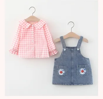 Pavasarį, rudenį baby girl drabužių komplektus, rinkinius, marškiniai + džinsai dirželis suknelė tiktų kūdikių mergaičių mados dizaino gimtadienio drabužių rinkiniai