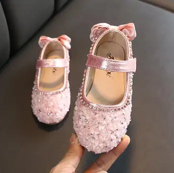 Pavasarį, Rudenį Mergaičių Mados Princesė Šviesus China Crystal Bow Shoes Anti-slip Butas Batų Šokių Odiniai Batai Vaikams Lankas Batai
