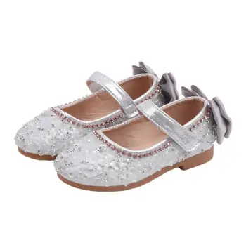 Pavasarį, Rudenį Mergaičių Mados Princesė Šviesus China Crystal Bow Shoes Anti-slip Butas Batų Šokių Odiniai Batai Vaikams Lankas Batai
