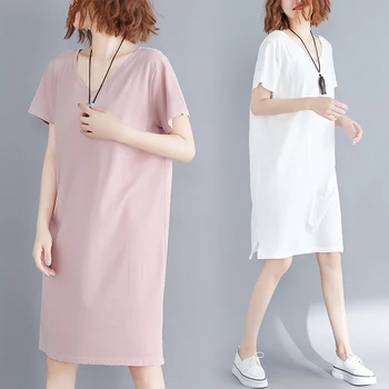 Pavasarį, vasarą 2019 nauji didelio dydžio moteriški korėjos versija prarasti V-neck slim backless suknelė ilgai skyriuje medvilnės marškinėliai dressle021