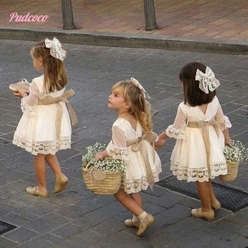 Pavasarį, Vasarą Bamblys Kūdikių Mergaičių Grupė Nėrinių Suknelė Mados Bridesmaid, Balta Kelio Ilgis Ilgomis Rankovėmis Lankas Princesė Vestuvių Suknelės