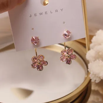 Pietų Korėjos naujo dizaino bižuterijos prabanga spindinti rožinė cirkonis gėlių auskarų kabliukai du būdai, kaip dėvėti moterų auskarai