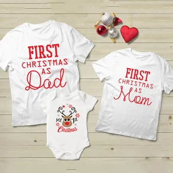 Pirmą Kalėdų Tėtis&mama Marškinėlius Baby Atsitiktinis Romper Mama Tėtis ir Kūdikis Vaikai 1st Kalėdų Šeimos derinti Drabužius