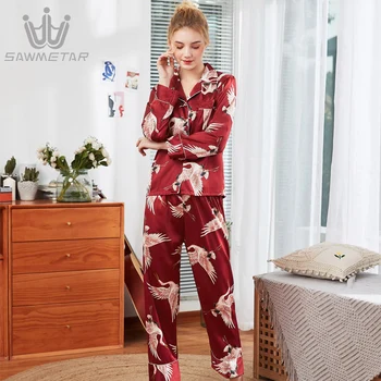 Pižama Šilko Satino Sleepwear Dviejų Dalių Rinkiniai Ilgomis Rankovėmis Pajama Komplektai Didelis Dydis Mados Naktį Chalatai Kostiumas Namuose Nauji Naktiniai Drabužiai