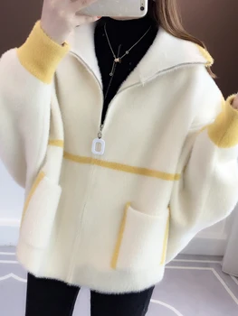 Plaukų 2020 m. rudens žiemos Han edition zip apykaklės užtrauktukas spalva palaidos rankovės megztos cardigan megztinis palaidinė