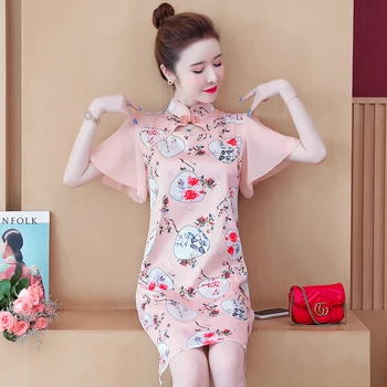 Plius Dydis M-4XL 2021 m. Vasarą Rausvos spalvos, trumpomis Rankovėmis Qipao Suknelė Moterims Kinijos Šiuolaikinės Cheongsam Šalies Atsitiktinis Tradiciniai Rūbai