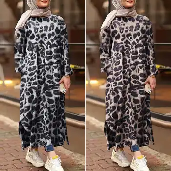 Plius Dydis Mados Leopardas Spausdinti Suknelė Moterų Rudenį Sundress ZANZEA 2021 Atsitiktinis ilgomis Rankovėmis Musulmonų Vestidos Moterų Padalinta Skraiste