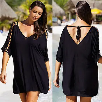 Plius Dydis Paplūdimio Suknelė Padengti Iki Moterų pusė rankovėmis v-kaklo, Vasaros laisvi juodas Mini Suknelės Merginų Paplūdimio Šortai Sundress 2xl 3xl