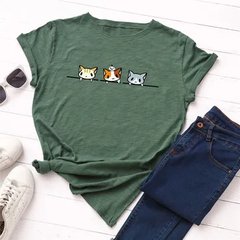 Plius Dydis S-5XL Lovely Cat Spausdinimo, Medvilnės Marškinėliai Moterims T-Shirt O Kaklo trumpomis Rankovėmis Tees Vasaros Moterų marškinėliai Juokinga Marškinėlius