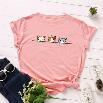 Plius Dydis S-5XL Lovely Cat Spausdinimo, Medvilnės Marškinėliai Moterims T-Shirt O Kaklo trumpomis Rankovėmis Tees Vasaros Moterų marškinėliai Juokinga Marškinėlius
