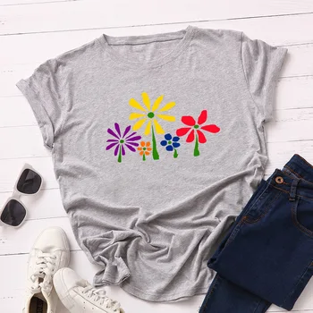 Plius Dydis S-5XL Spalvinga Gėlių Atspausdintas T-shirt Moterims Medvilnės Basic Tee Marškinėliai Vasaros trumpomis Rankovėmis Prarasti Viršuje Harajuku Marškinėlius