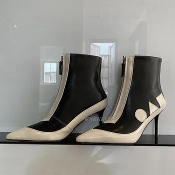 Plonas Aukštakulniai Batai moterims pažymėjo tne geometrinis dizainas maišyti spalvas adatos (stiletai 2020 m. Rudenį priekinis užtrauktukas trumpi batai