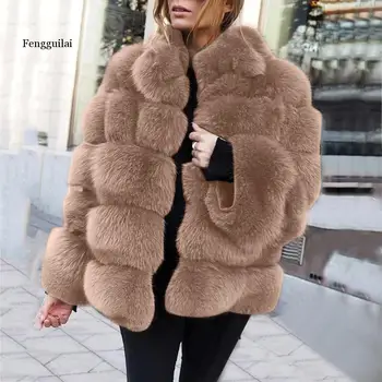 Plus Size Dirbtiniais Kailių Paltai Moterims Žiemos Kailio Striukė Juoda Vintage Lady Šiltas Pūkuotas Dirbtiniais Striukės, Paltai Trumpi Vyriški Drabužiai