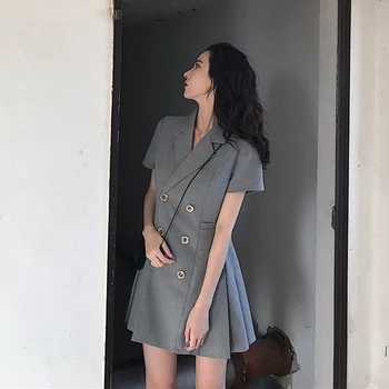Plus Size Dvivietis Breasted Juoda Suknelė, Švarkas Moterims 2019 M. Vasarą korėjos Mini Plisuotos Suknelės Moteris Office Elegantiškas Drabužius, 5XL
