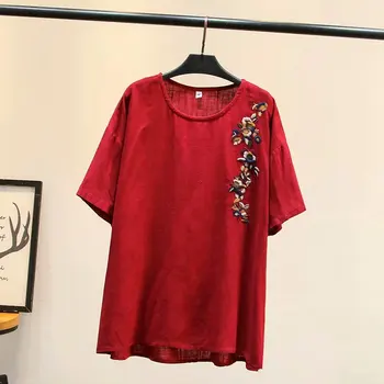 Plus size siuvinėjimas medvilnės O-kaklo raudona karinio jūrų laivyno moterų prarasti tshirts 2020 naujas vasaros atsitiktinis ponios t shirts moterų marškinėliai topai