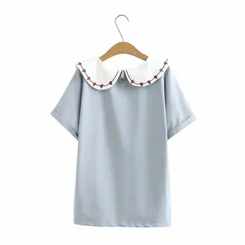 Plus size siuvinėjimo Turn-žemyn Apykaklės karinio jūrų laivyno trumpomis rankovėmis moterims prarasti tshirts 2020 naujas vasaros atsitiktinis lady minkštas t marškinėliai moteriška viršų