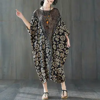Plus Size Šilko Satino Suknelė Vasaros 2020 M. Aukštos Kokybės Senovinių Gėlių Spausdinti Suknelės 4XL 5XL 6XL 7XL Moterų Batwing Ilga Suknelė