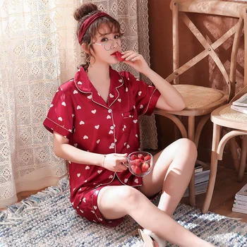 Porų Mėgėjams Pižama Rinkiniai Moterims trumparankoviai Vasaros Pyjama Laisvi Vyrai Dirbtiniais Šilko Stilius Pora Pijama Nustatyti Sleepwear Viršuje+ Kelnės