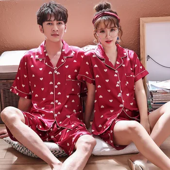 Porų Mėgėjams Pižama Rinkiniai Moterims trumparankoviai Vasaros Pyjama Laisvi Vyrai Dirbtiniais Šilko Stilius Pora Pijama Nustatyti Sleepwear Viršuje+ Kelnės