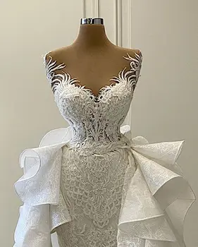 Prabanga 3D Nėrinių Undinė Vestuvių Suknelė iki 2021 m. Romantiška Karoliukų, Tiulio Kaklo Vestuvės, Vestuvinės Suknelės Chalatas de Mariage