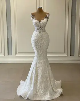 Prabanga 3D Nėrinių Undinė Vestuvių Suknelė iki 2021 m. Romantiška Karoliukų, Tiulio Kaklo Vestuvės, Vestuvinės Suknelės Chalatas de Mariage