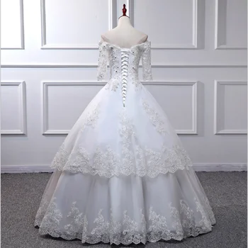 Prabanga Junoesque vestuvių suknelė Stebėjimo Half-Sleeve Sluoksniuotos Nėrinių Aplikacijos Paillette Zawalcowany pearl Nėrinių Nuotakos Kamuolys Suknelė