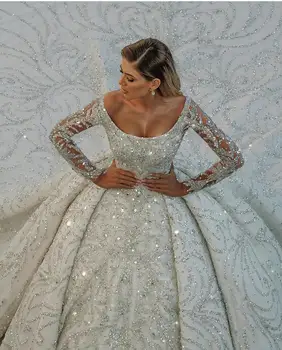 Prabanga Koplyčia Traukinys Vestuvių Suknelė Samtelis Kaklo, ilgomis Rankovėmis Blizgučiais arabų Derliaus Vestuvinės Suknelės vestidos de novia