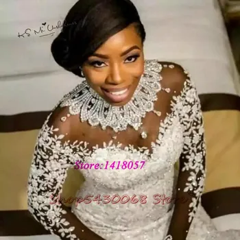 Prabanga Kristalai Afrikos Undinė Vestuvių Suknelės 2020 Vestido Casamento Diamond Tiulio Long Sleeve Lace Nuotakos Suknelės, Turkija