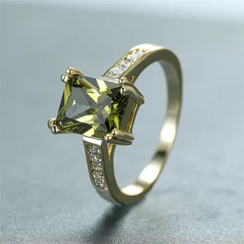 Prabanga Moterų Alyvuogių Žalia Crystal Žiedą, Žavesio Aukso Spalvos Plonas Vestuviniai Žiedai Moterims Senovinių Kvadratinių Cirkonis Akmuo Sužadėtuvių Žiedas