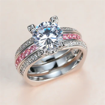Prabanga Moterų Rožinis Baltas Žiedas Nustatyti Senovinių Sidabro Spalvos Vestuvių Žiedai Moterims Žada Turas Cirkonis Akmuo Sužadėtuvių Žiedas