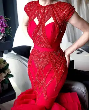 Prabanga Raudona Zawalcowany Undinė Prom Dresses, Uždusęs Raukiniai Ilgai Prom Chalatai Dubajus Oficialią Suknelės 2010 Abendkleider 2019
