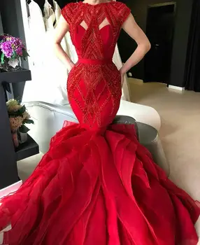 Prabanga Raudona Zawalcowany Undinė Prom Dresses, Uždusęs Raukiniai Ilgai Prom Chalatai Dubajus Oficialią Suknelės 2010 Abendkleider 2019