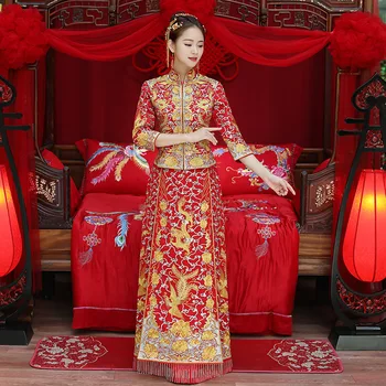 Prabanga senovės Royal Red Kinijos Tradicinių vestuvių suknelė Nuotakos Siuvinėjimo Cheongsam Moterų Rytietiškas Drakonas 
