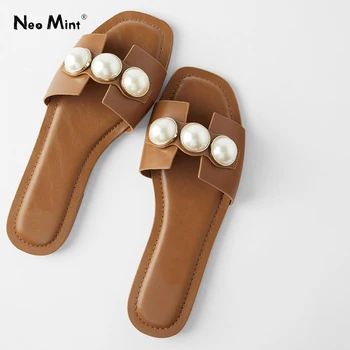 Prabangos Dizaineris Perlai Mulų Batai Moterims Aikštėje Toe Flat Skaidrių Atidaryti Tne patogi Odinė Moterų Sandalai 2020 Metų Vasaros Šlepetės