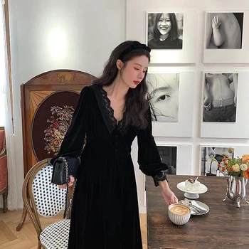 Prancūzijos Atsitiktinis Moterų Nėriniai Velvet Black Elegantiškas Šalis Derliaus Suknelės Moteriška Rudens 2020 M. Aukštos Juosmens Ilgomis Rankovėmis Plius Dydis Suknelė