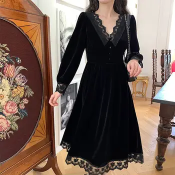 Prancūzijos Atsitiktinis Moterų Nėriniai Velvet Black Elegantiškas Šalis Derliaus Suknelės Moteriška Rudens 2020 M. Aukštos Juosmens Ilgomis Rankovėmis Plius Dydis Suknelė