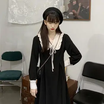 Prancūzijos Lėlės Apykakle ilgomis Rankovėmis Maxi Suknelė Japonijos Kawaii Moterys Juoda Fėja Dress vientisas Vestuves Rudens Drabužių Ponios