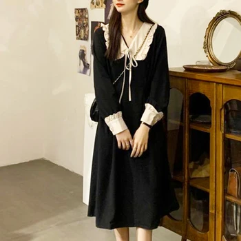 Prancūzijos Lėlės Apykakle ilgomis Rankovėmis Maxi Suknelė Japonijos Kawaii Moterys Juoda Fėja Dress vientisas Vestuves Rudens Drabužių Ponios